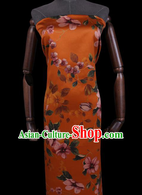 Chinese Traditional Gambiered Guangdong Silk Classical Flowers Pattern Watered Gauze Cheongsam Orange Satin Fabric