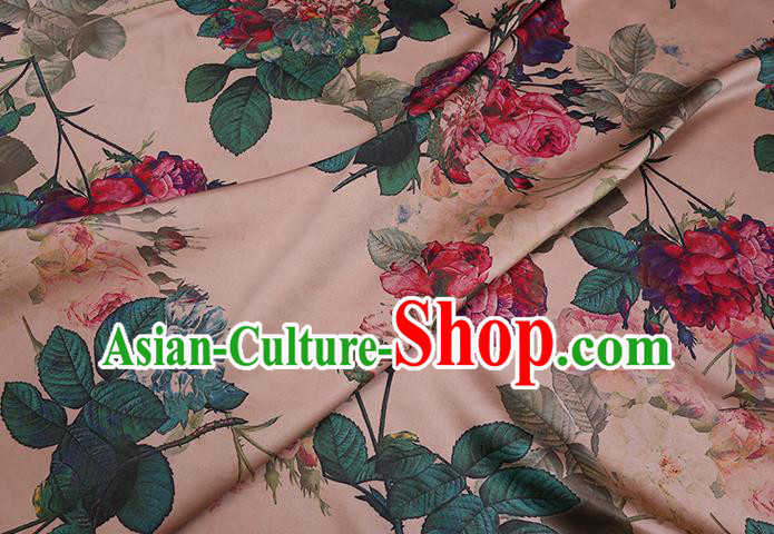 Chinese Traditional Classical Roses Pattern Gambiered Guangdong Silk Cheongsam Satin Fabric Beige Watered Gauze