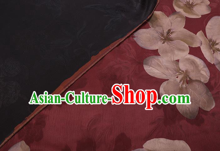 Chinese Classical Flowers Pattern Wine Red Gambiered Guangdong Silk Traditional Cheongsam Satin Fabric Watered Gauze