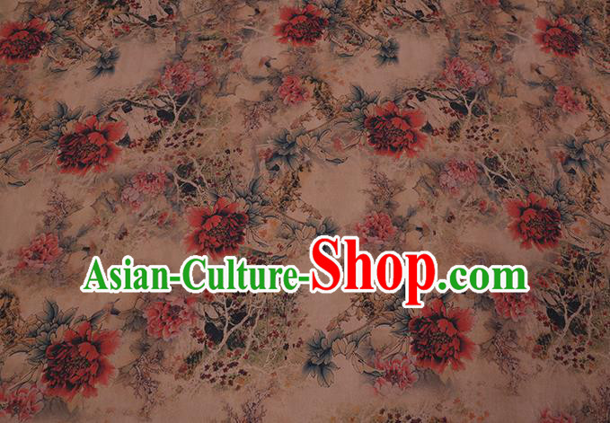 Chinese Classical Peony Flowers Pattern Gambiered Guangdong Silk Traditional Cheongsam Satin Fabric Beige Watered Gauze