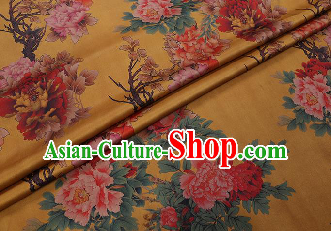 Chinese Classical Peony Pattern Yellow Satin Fabric Traditional Cheongsam Watered Gauze Gambiered Guangdong Silk