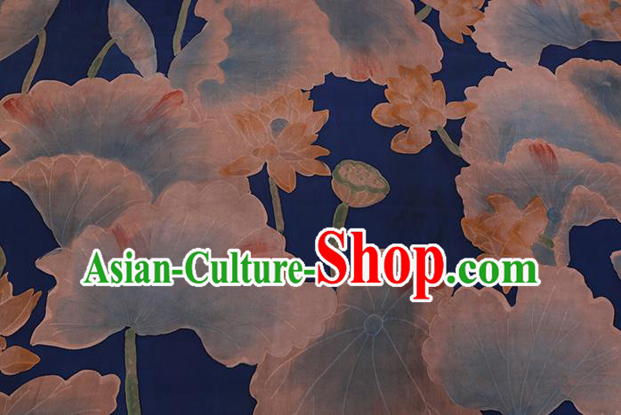 Chinese Classical Lotus Pattern Deep Blue Satin Fabric Traditional Cheongsam Watered Gauze Gambiered Guangdong Silk