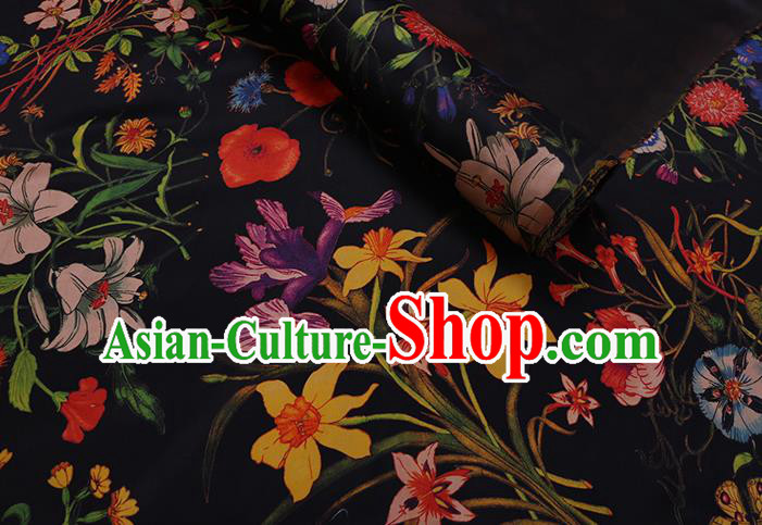 Chinese Classical Camellia Pattern Black Gambiered Guangdong Silk Traditional Cheongsam Watered Gauze Satin Fabric