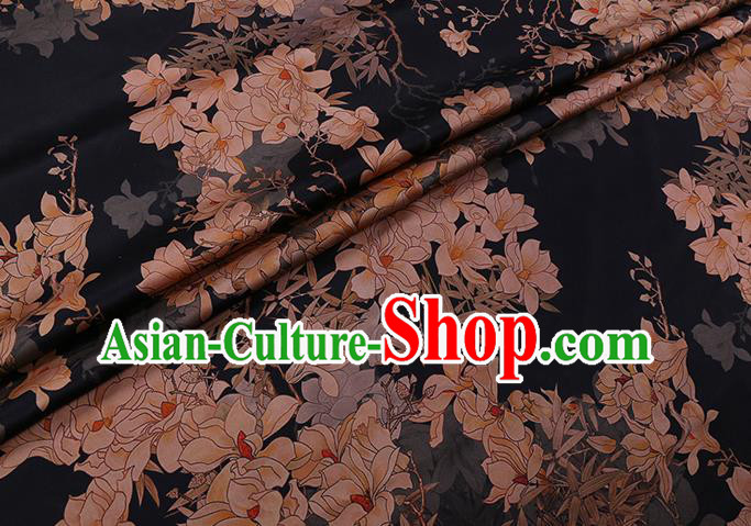 Chinese Classical Magnolia Pattern Gambiered Guangdong Silk Traditional Cheongsam Watered Gauze Black Satin Fabric