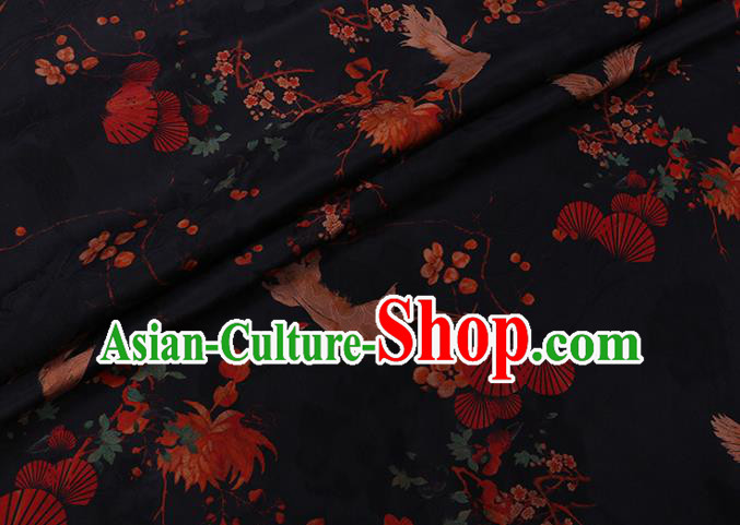 Chinese Traditional Cheongsam Watered Gauze Classical Chrysanthemum Crane Pattern Black Satin Fabric Gambiered Guangdong Silk