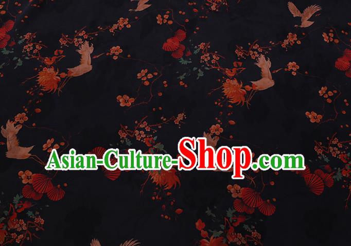 Chinese Traditional Cheongsam Watered Gauze Classical Chrysanthemum Crane Pattern Black Satin Fabric Gambiered Guangdong Silk