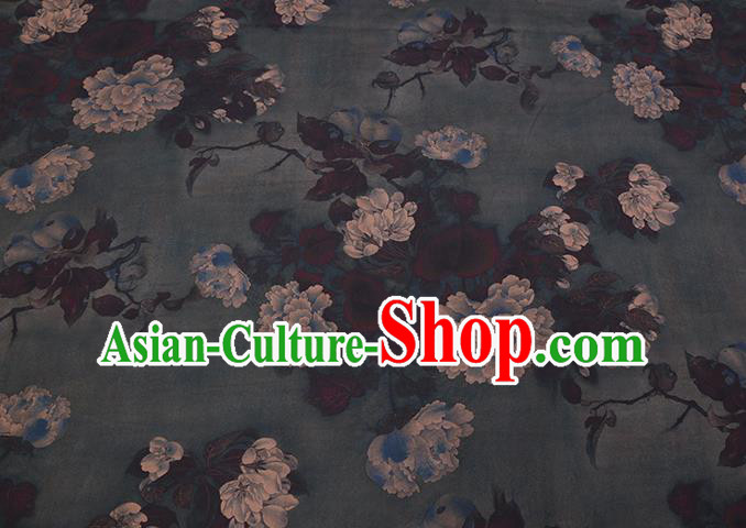 Chinese Classical Peony Pattern Atrovirens Satin Fabric Gambiered Guangdong Silk Traditional Cheongsam Watered Gauze