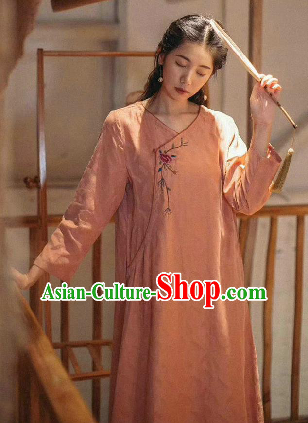 Chinese Traditional Embroidered Clothing Women Cheongsam National Pink Qipao Dress