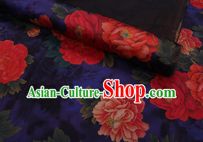 Chinese Classical Peony Pattern Deep Blue Silk Fabric Traditional Watered Gauze Gambiered Guangdong Silk Cheongsam Cloth