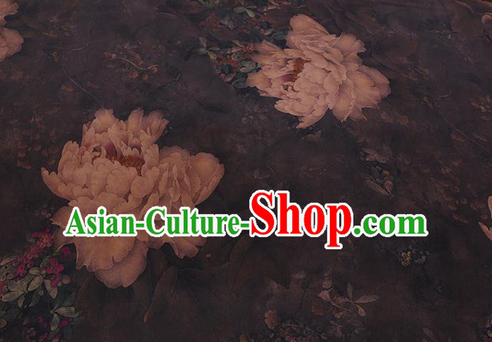 Chinese Traditional Watered Gauze Gambiered Guangdong Silk Cheongsam Cloth Classical Peony Pattern Grey Silk Fabric