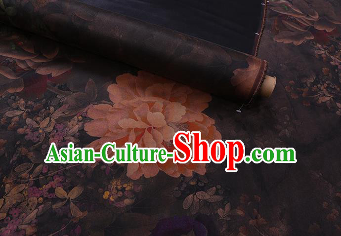 Chinese Traditional Watered Gauze Gambiered Guangdong Silk Cheongsam Cloth Classical Peony Pattern Grey Silk Fabric
