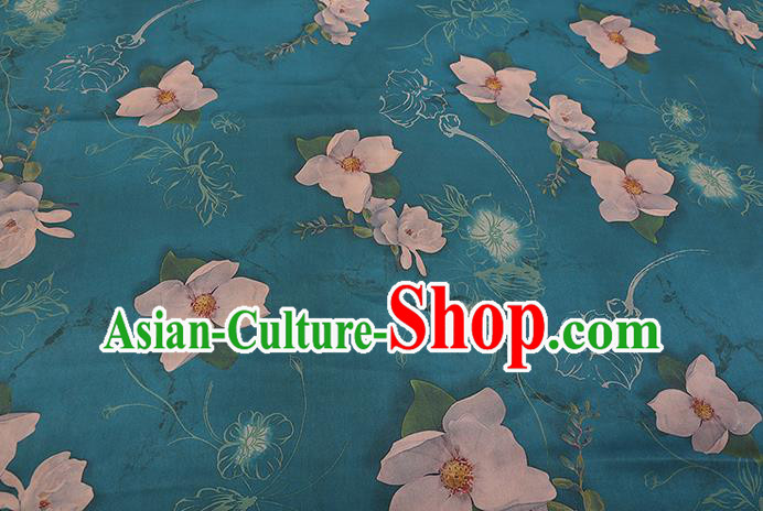 Chinese Classical Flowers Pattern Blue Gambiered Guangdong Silk Traditional Watered Gauze Cheongsam Silk Fabric