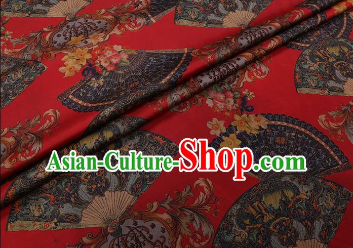 Chinese Classical Fans Pattern Red Gambiered Guangdong Silk Fabric Cheongsam Cloth Traditional Watered Gauze