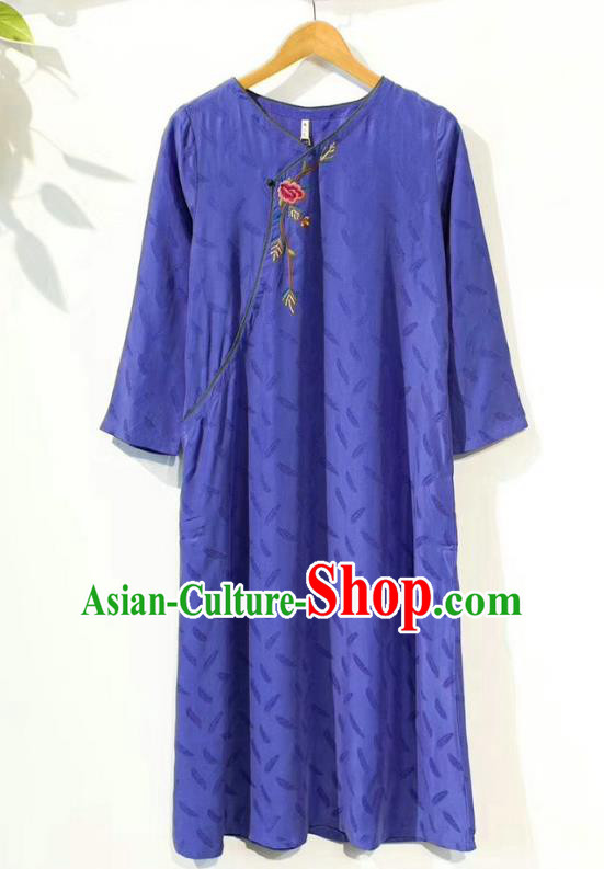 Chinese Women Slant Opening Cheongsam Traditional Embroidered Clothing National Blue Qipao Dress