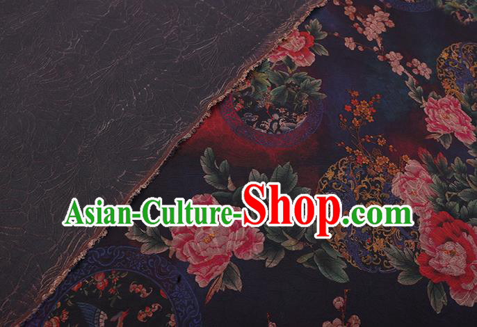 Chinese Cheongsam Silk Fabric Traditional Watered Gauze Classical Peony Pattern Navy Gambiered Guangdong Silk