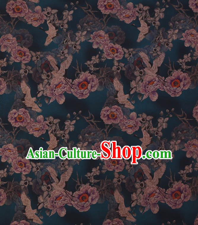 Chinese Classical Crane Peony Pattern Dark Green Gambiered Guangdong Silk Traditional Watered Gauze Cheongsam Silk Fabric
