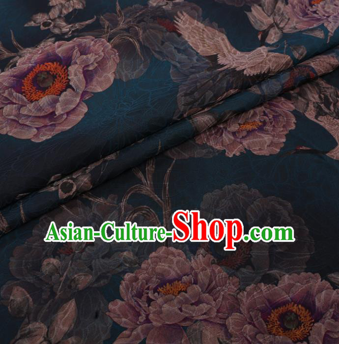 Chinese Classical Crane Peony Pattern Dark Green Gambiered Guangdong Silk Traditional Watered Gauze Cheongsam Silk Fabric
