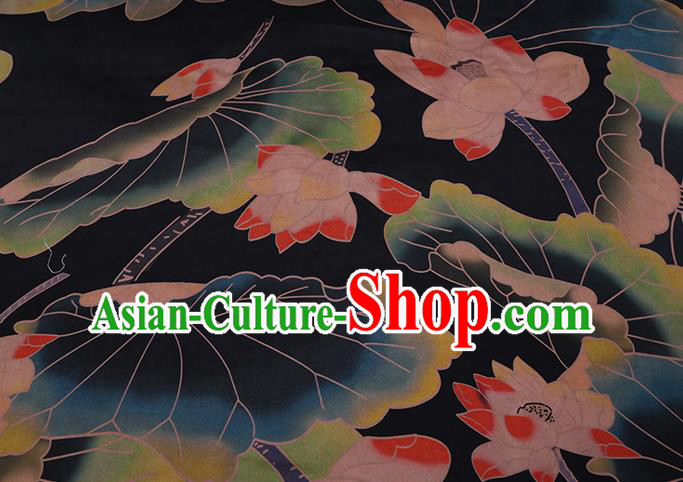 Chinese Classical Lotus Pattern Black Gambiered Guangdong Silk Fabric Traditional Watered Gauze Cheongsam Satin Cloth