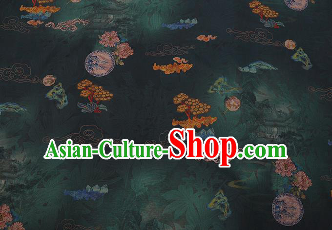 Chinese Classical Flowers Pattern Dark Green Gambiered Guangdong Silk Fabric Traditional Cheongsam Watered Gauze