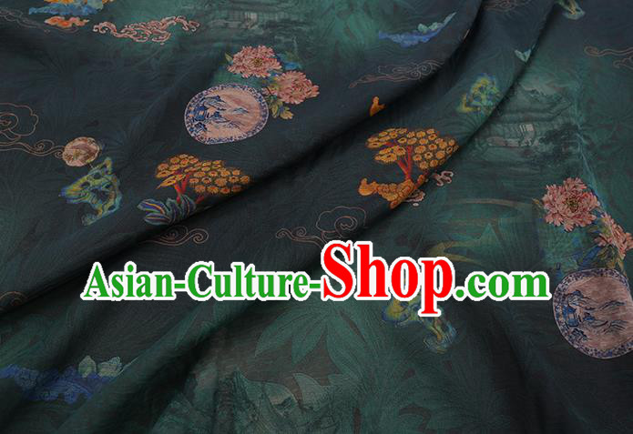 Chinese Classical Flowers Pattern Dark Green Gambiered Guangdong Silk Fabric Traditional Cheongsam Watered Gauze