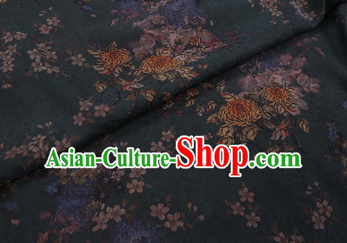 Chinese Traditional Cheongsam Gambiered Guangdong Watered Gauze Classical Chrysanthemum Pattern Dark Green Silk Fabric