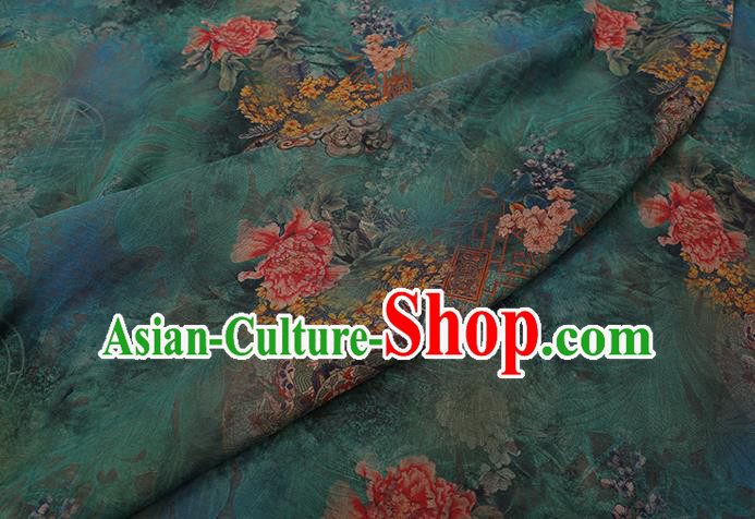 Chinese Traditional Green Silk Fabric Classical Peony Pattern Cheongsam Gambiered Guangdong Gauze