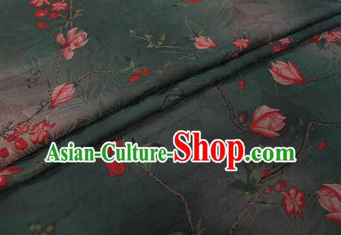 Chinese Classical Mangnolia Pattern Green Gambiered Guangdong Gauze Traditional Cheongsam Silk Fabric
