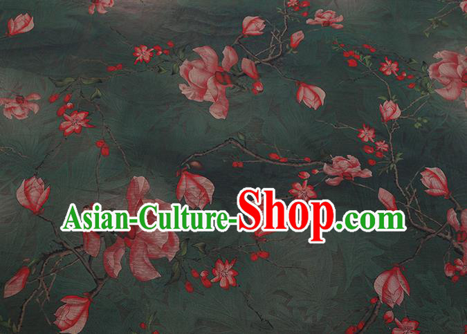 Chinese Classical Mangnolia Pattern Green Gambiered Guangdong Gauze Traditional Cheongsam Silk Fabric