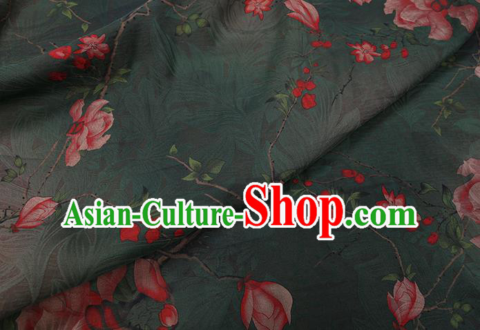 Chinese Classical Mangnolia Pattern Green Gambiered Guangdong Gauze Traditional Cheongsam Silk Fabric