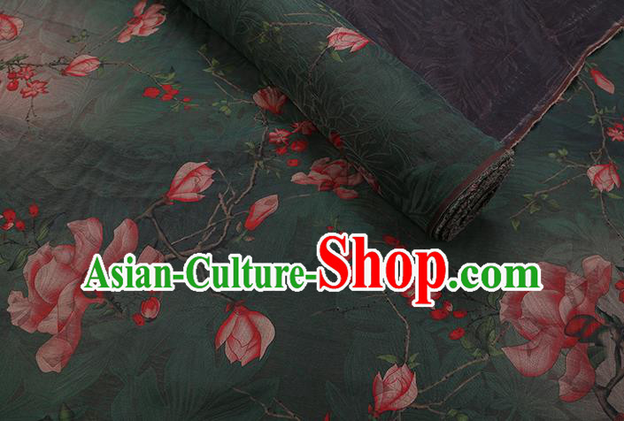 Chinese Classical Mangnolia Pattern Green Gambiered Guangdong Gauze Traditional Cheongsam Silk Fabric