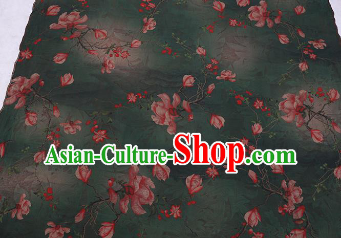 Chinese Classical Mangnolia Pattern Green Gambiered Guangdong Gauze Traditional Cheongsam Silk Fabric