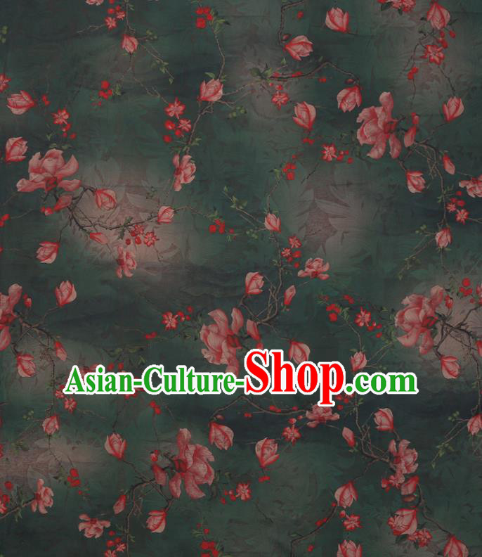 Chinese Classical Mangnolia Pattern Green Gambiered Guangdong Gauze Traditional Cheongsam Silk Fabric