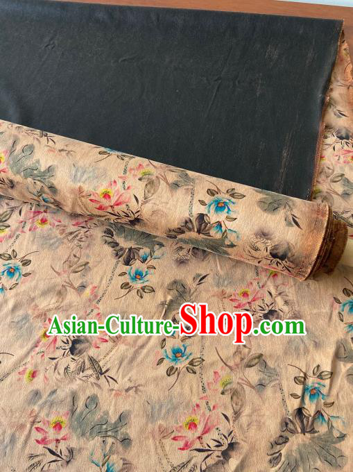 Chinese Classical Ink Lotus Pattern Gambiered Guangdong Gauze Traditional Cheongsam Beige Silk Fabric