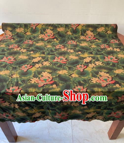 Chinese Classical Lotus Pattern Gambiered Guangdong Gauze Traditional Cheongsam Dark Green Silk Fabric