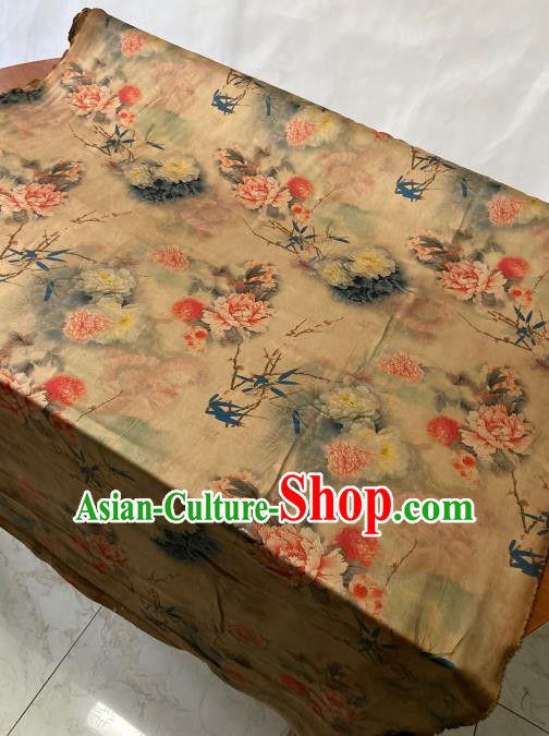 Chinese Cheongsam Classical Peony Pattern Gambiered Guangdong Silk Traditional Watered Gauze Yellow Satin Fabric