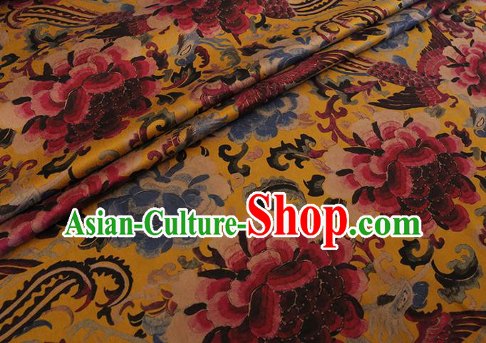 Chinese Classical Phoenix Peony Pattern Gambiered Guangdong Silk Traditional Cheongsam Yellow Satin Fabric Watered Gauze