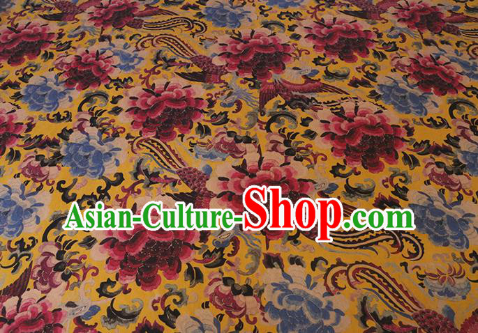 Chinese Classical Phoenix Peony Pattern Gambiered Guangdong Silk Traditional Cheongsam Yellow Satin Fabric Watered Gauze