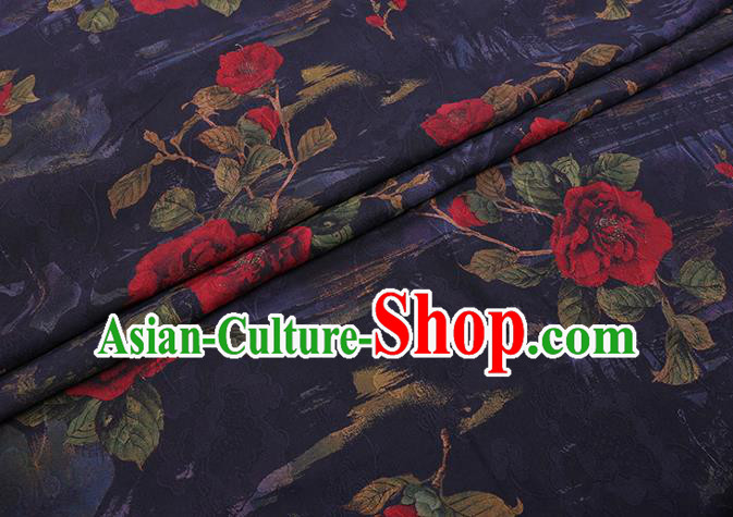 Chinese Classical Roses Pattern Navy Silk Drapery Cheongsam Damask Traditional Gambiered Guangdong Gauze Cloth Fabric
