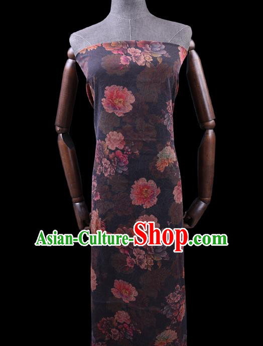 Chinese Cheongsam Damask Traditional Gambiered Guangdong Gauze Cloth Fabric Classical Peony Pattern Brown Silk Drapery