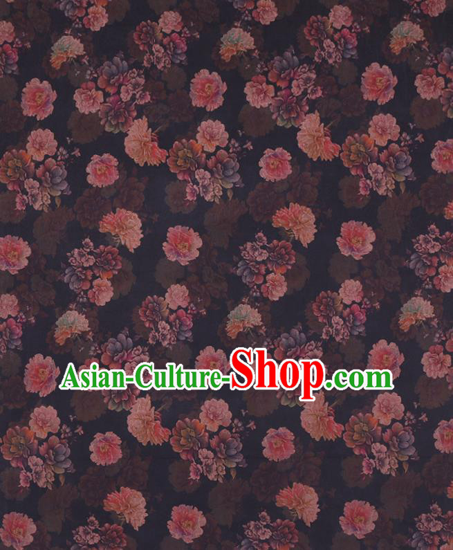 Chinese Cheongsam Damask Traditional Gambiered Guangdong Gauze Cloth Fabric Classical Peony Pattern Brown Silk Drapery