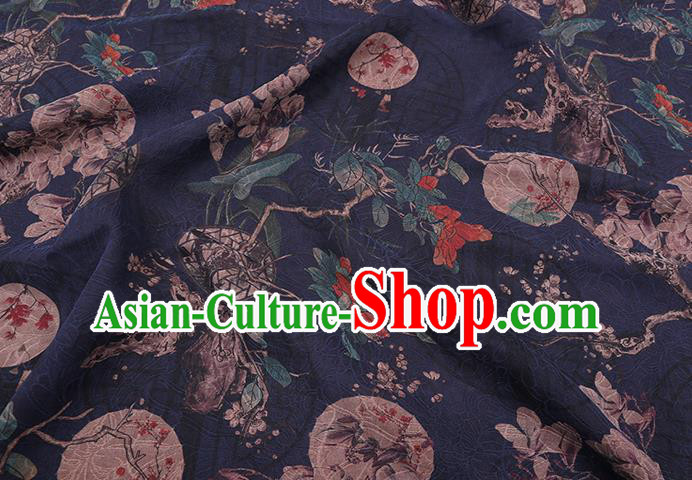 Chinese Traditional Gambiered Guangdong Gauze Cloth Fabric Classical Mangnolia Pattern Navy Silk Drapery Cheongsam Damask