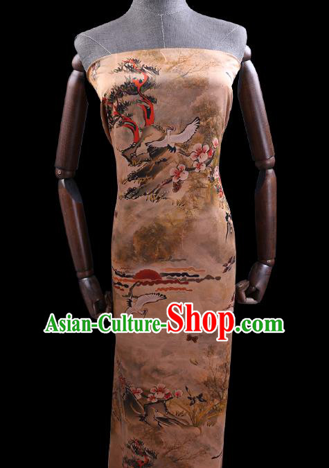 Chinese Classical Plum Crane Pattern Silk Drapery Traditional Gambiered Guangdong Gauze Cheongsam Ginger Damask Cloth Fabric