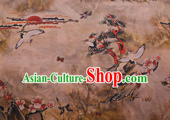 Chinese Classical Plum Crane Pattern Silk Drapery Traditional Gambiered Guangdong Gauze Cheongsam Ginger Damask Cloth Fabric