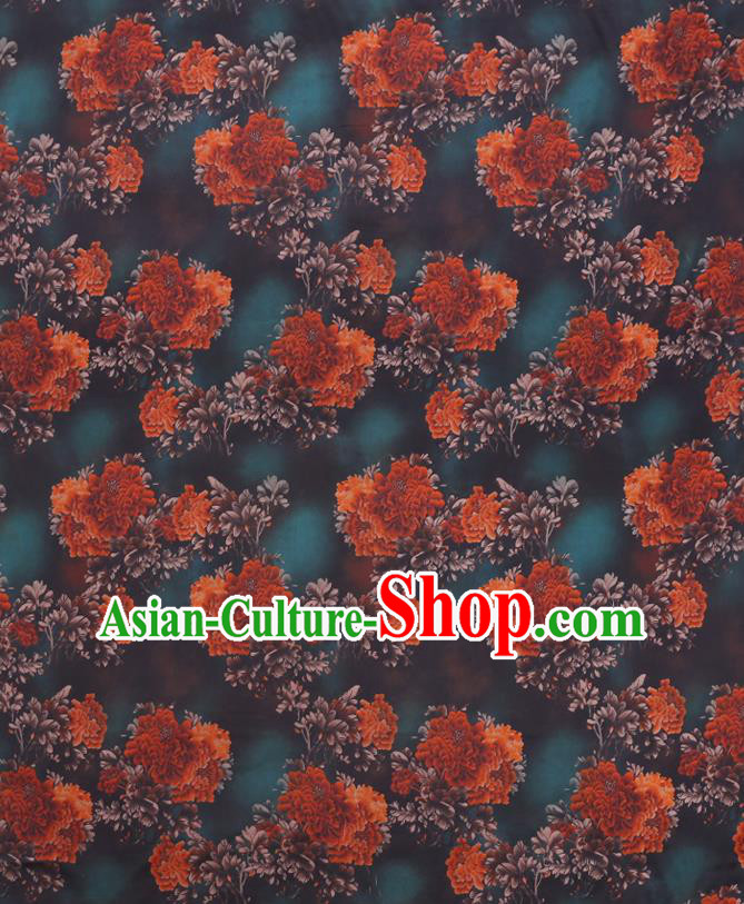 Chinese Classical Peony Pattern Deep Green Silk Drapery Traditional Gambiered Guangdong Gauze Cheongsam Cloth Fabric