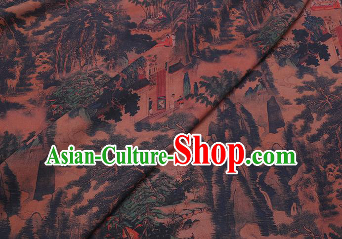 Chinese Traditional Brown Gambiered Guangdong Gauze Cheongsam Fabric Classical Landscape Pattern Silk Drapery