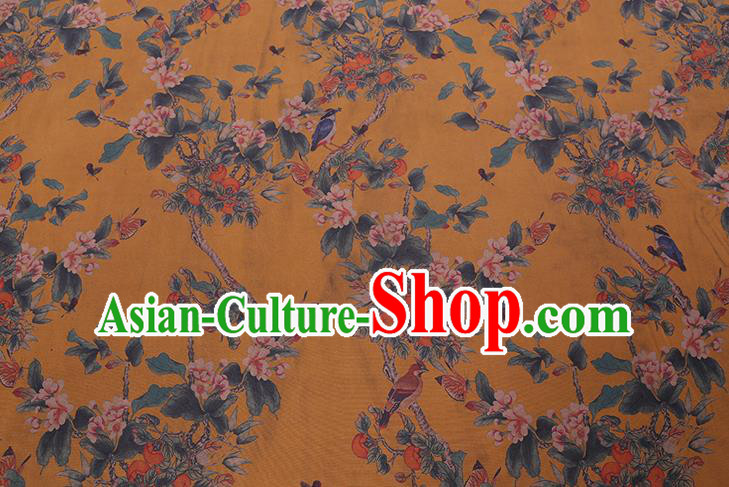 Chinese Classical Begonia Birds Pattern Silk Drapery Gambiered Guangdong Gauze Traditional Cheongsam Yellow Fabric