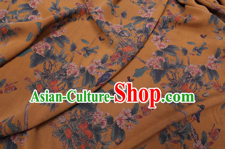 Chinese Classical Begonia Birds Pattern Silk Drapery Gambiered Guangdong Gauze Traditional Cheongsam Yellow Fabric