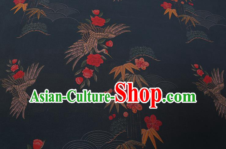 Chinese Classical Crane Plum Pattern Silk Drapery Gambiered Guangdong Gauze Traditional Cheongsam Dark Green Silk Fabric