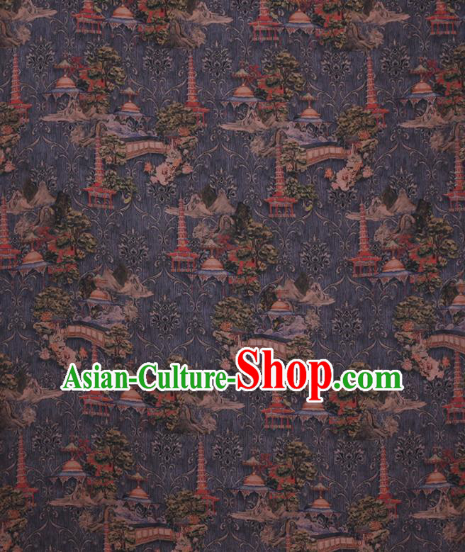 Chinese Classical Pagoda Pattern Silk Drapery Traditional Cheongsam Gambiered Guangdong Gauze Grey Silk Fabric