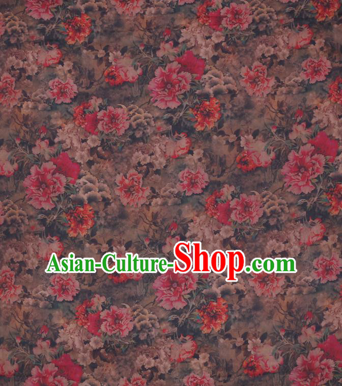 Chinese Brown Silk Drapery Classical Peony Pattern Satin Fabric Cheongsam Damask Traditional Gambiered Guangdong Gauze Cloth